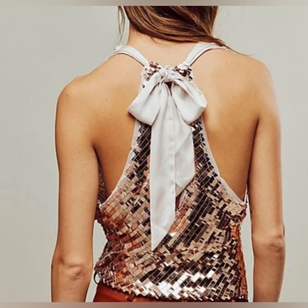 Free People Womens Sequin Halter Ribbon Tie Top in Rose Gold NWOT size M